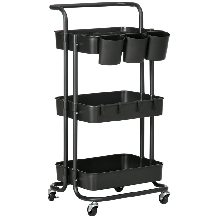 HOMCOM Carrito de Cocina de Acero Carro de Almacenamiento con 4 Ganchos Asa 3 Cestas Extraíbles 3 Cajas Colgantes y Frenos para Baño Salón Dormitorio 42x38x86,5 cm Negro