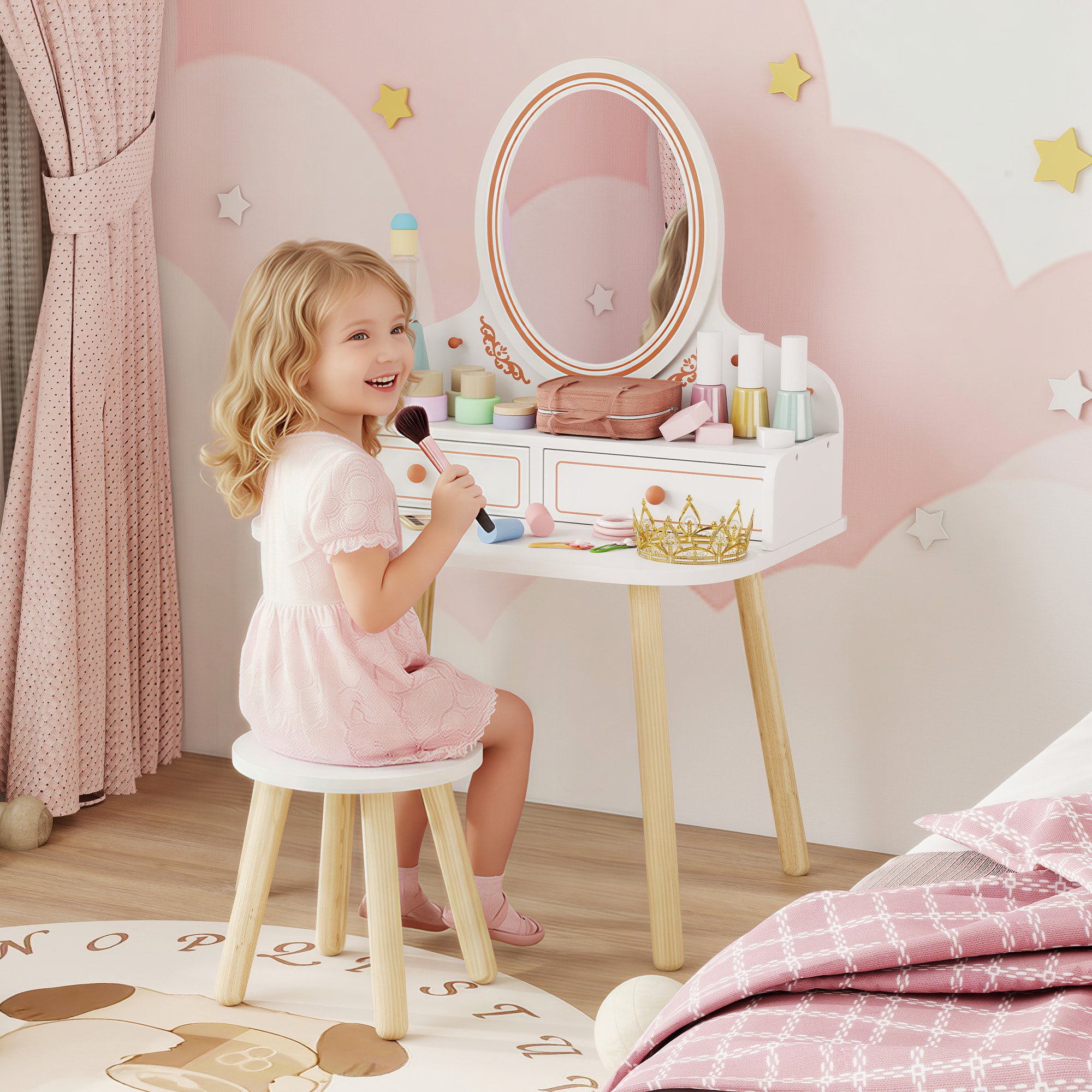 Tocador de Maquillaje Niña, Tocador Infantil con Taburete y Espejo, 2 Cajones y Barras Colgantes, para Niños de 3 a 8 Años, Blanco