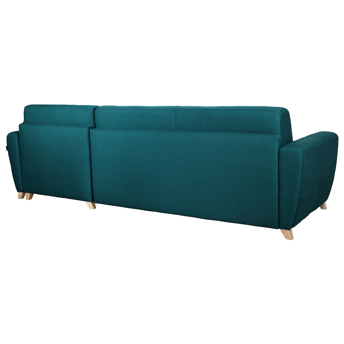 Canapé d'angle convertible réversible avec coffre 4 places en tissu bleu canard et bois clair GRAHAM