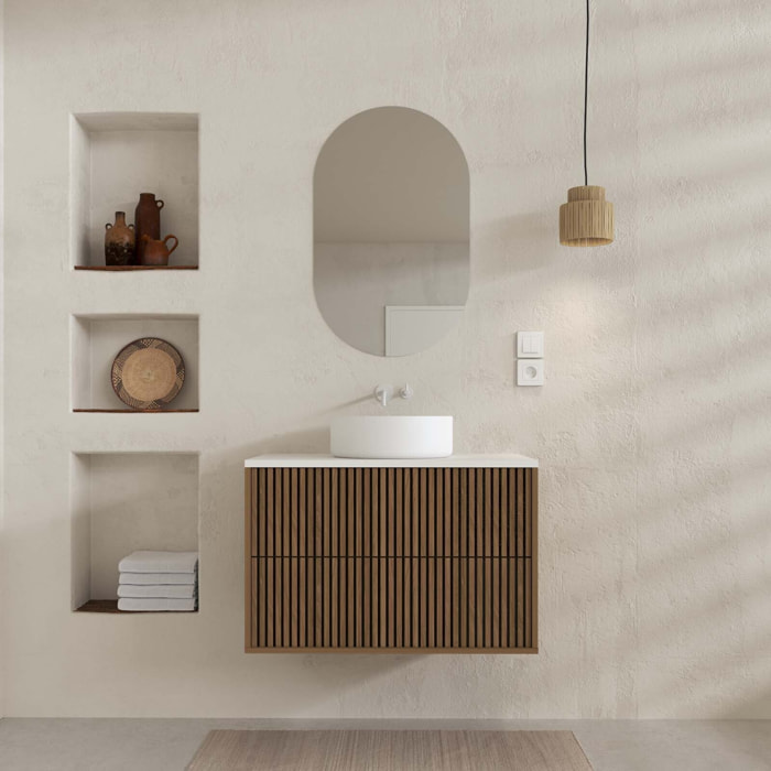 Meuble Salle de Bains 80 2 Tiroirs Décor Chêne et Noir - Vasque et Plan Blancs - Miroir Ovale