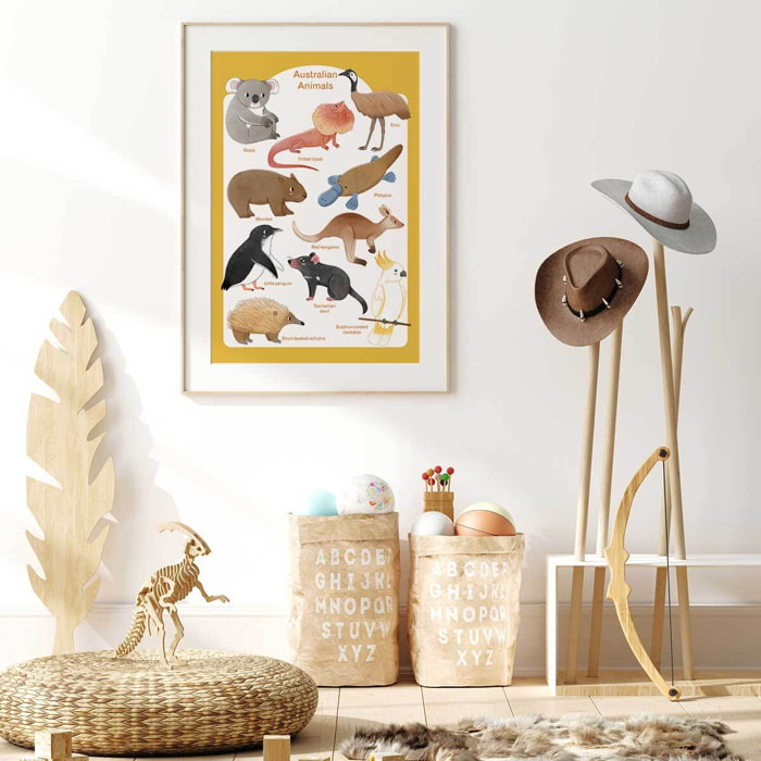 Affiche enfant animaux d' australie  Affiche + cadre en bois - Chêne