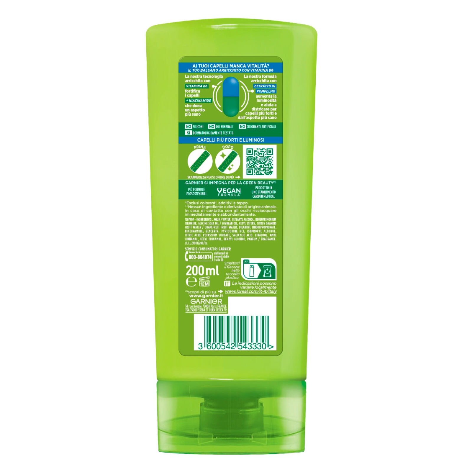 3x Balsamo Fortificante per Capelli Normali Fructis Forti e Brillanti con Estratto di Pompelmo e Vitamina B6 - 3 Flaconi da 200ml