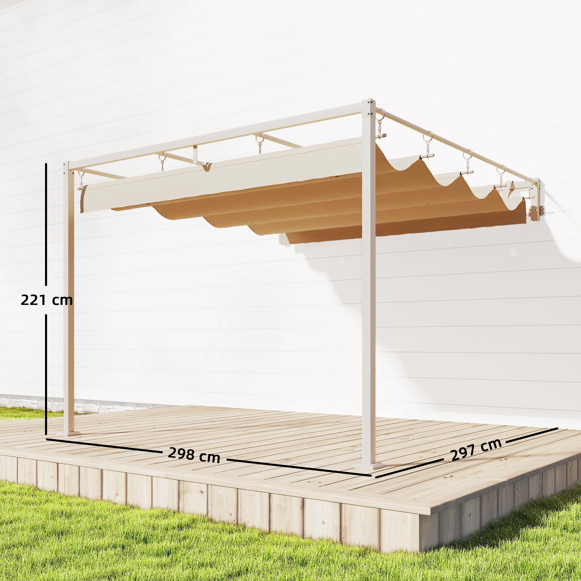 Pérgola de Pared de Jardín 3x3 m, Cenador de Jardín con Techo Retráctil, Protección UPF30+, Orificios de Drenaje y Estructura de Acero, Pabellón para Patio, Terraza, Exterior, Beige