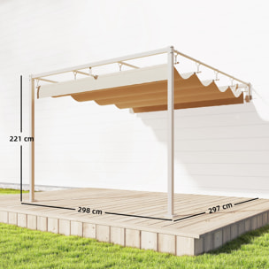 Pérgola de Pared de Jardín 3x3 m, Cenador de Jardín con Techo Retráctil, Protección UPF30+, Orificios de Drenaje y Estructura de Acero, Pabellón para Patio, Terraza, Exterior, Beige