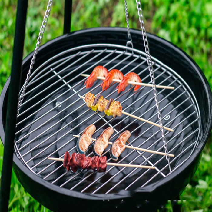 Well home trípode bbq con cadena y parrilla en acero