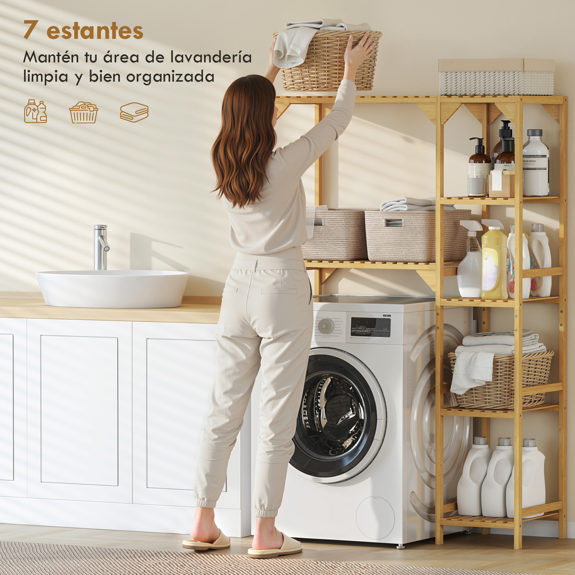 Estantería para Lavadora de Bambú, Mueble para Lavadora o Inodoro con Estantes Reversibles y Ajustables, Ahorra Espacio, Para Lavandería, Baño, Madera Natural