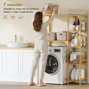 Estantería para Lavadora de Bambú, Mueble para Lavadora o Inodoro con Estantes Reversibles y Ajustables, Ahorra Espacio, Para Lavandería, Baño, Madera Natural