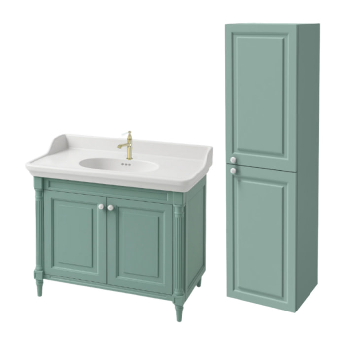 Pack meuble vasque Cléo 1889 vert velours + colonne droite + mitigeur or
