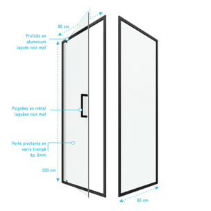 Porte de douche Pivotante et retour 80x80x200 - Profilés noir mat - CRUSH PIVOTANTE