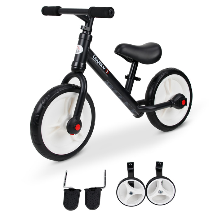 Vélo enfant draisienne 2 en 1 roulettes et pédales amovibles roues 12" hauteur selle réglable acier noir