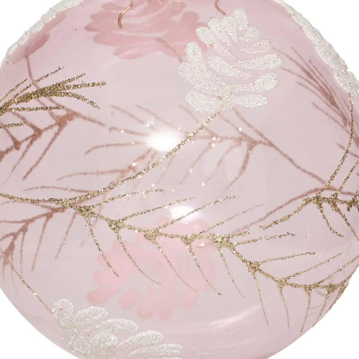 Boule verre décor feuilles D.9cm rose