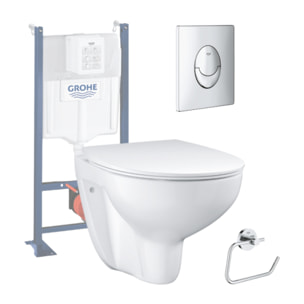 Pack WC sans bride Bau Ceramic avec abattant slim + Bâti support WC Rapid SL + plaque de commande Start chromé + dérouleur