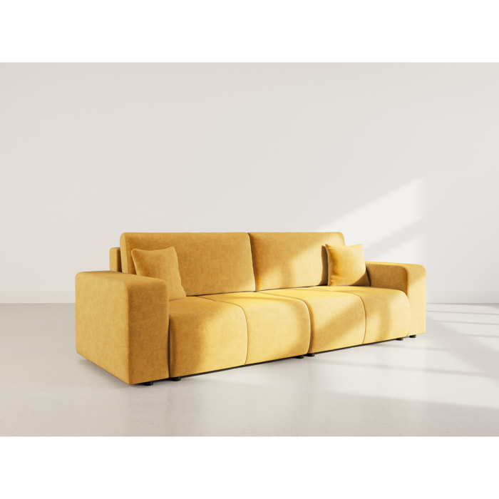 Nicole - Canapé droit 4 places convertible avec coffre en tissu - Jaune