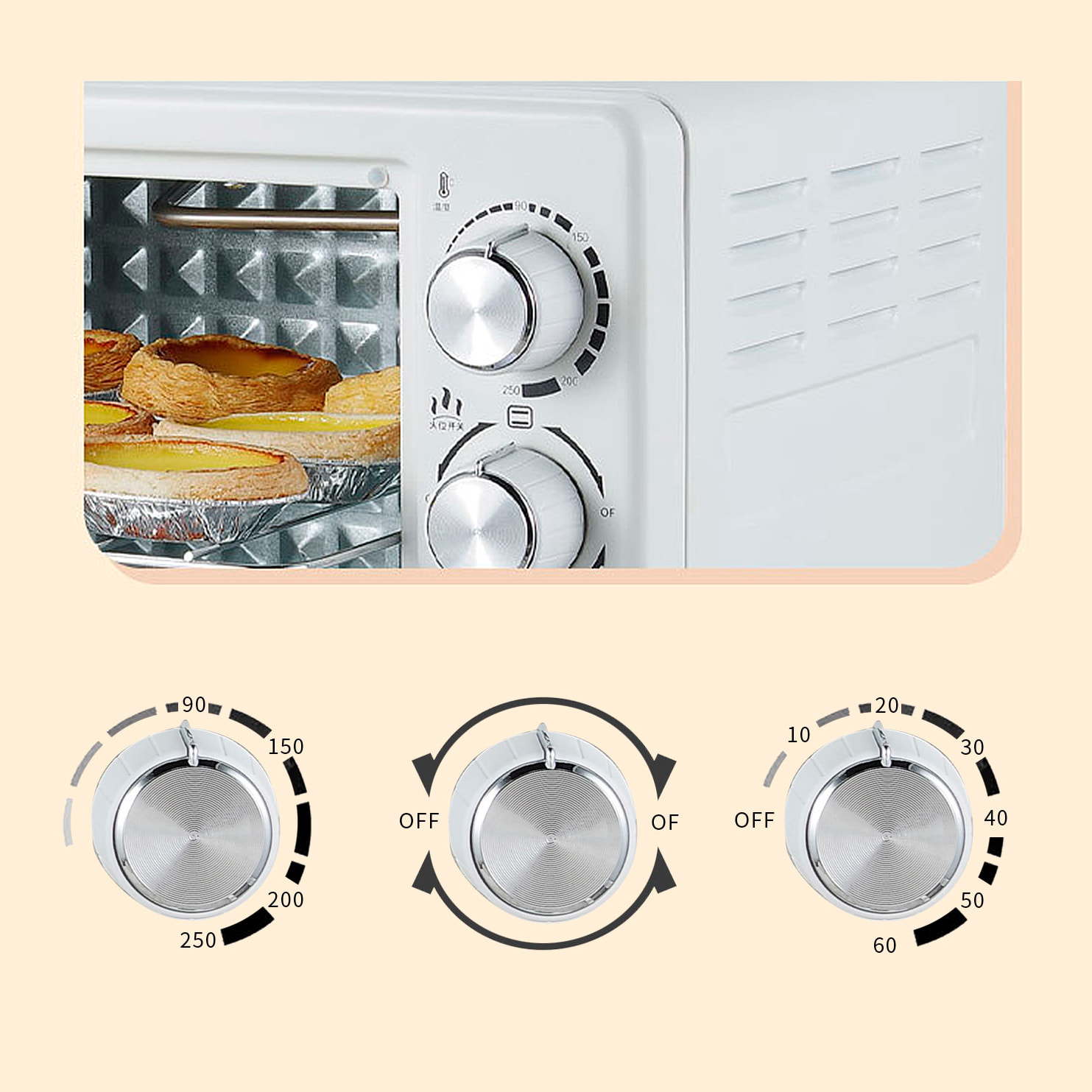 Horno eléctrico de sobremesa con 22 litros de capacidad. Panel de control mecánico y 1000W de potencia.