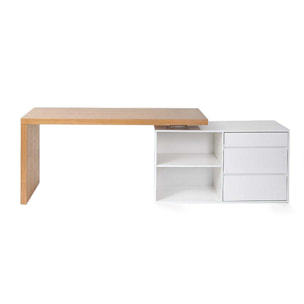 Bureau modulable design blanc brillant et bois clair frêne L160-235 cm NEW MAX