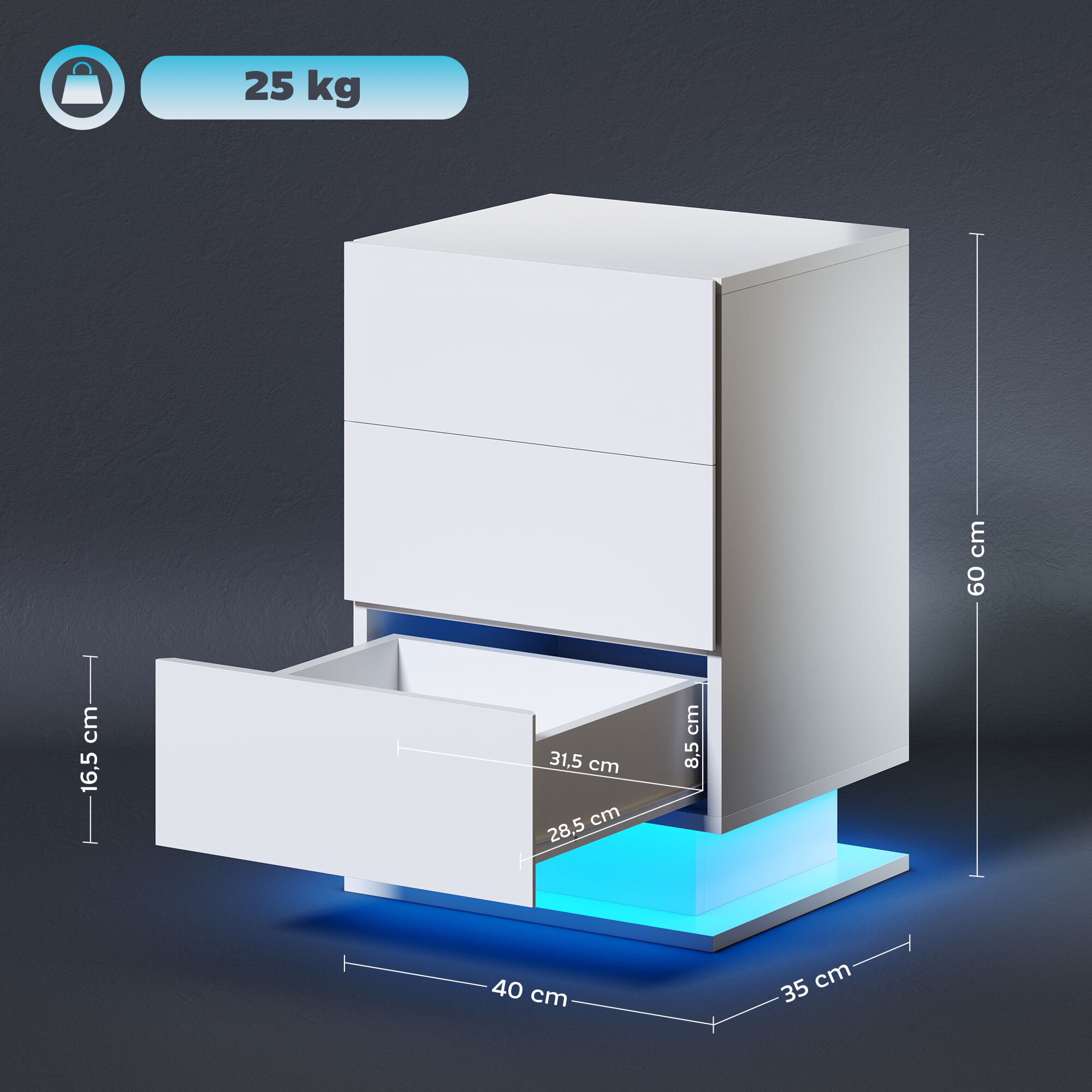 Mesita de Noche con Tira de Luz LED Multicolor Variable Mesa Auxiliar con 3 Cajones Estilo Moderno Mesilla de Noche para Dormitorio Salón 40x35x60 cm Blanco Brillo