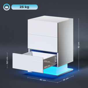 Mesita de Noche con Tira de Luz LED Multicolor Variable Mesa Auxiliar con 3 Cajones Estilo Moderno Mesilla de Noche para Dormitorio Salón 40x35x60 cm Blanco Brillo