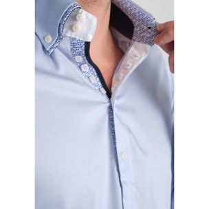 Camicia Uomo 2 Bottoni Button Down 7bottoni Doppio Coll Satin Unito Celeste