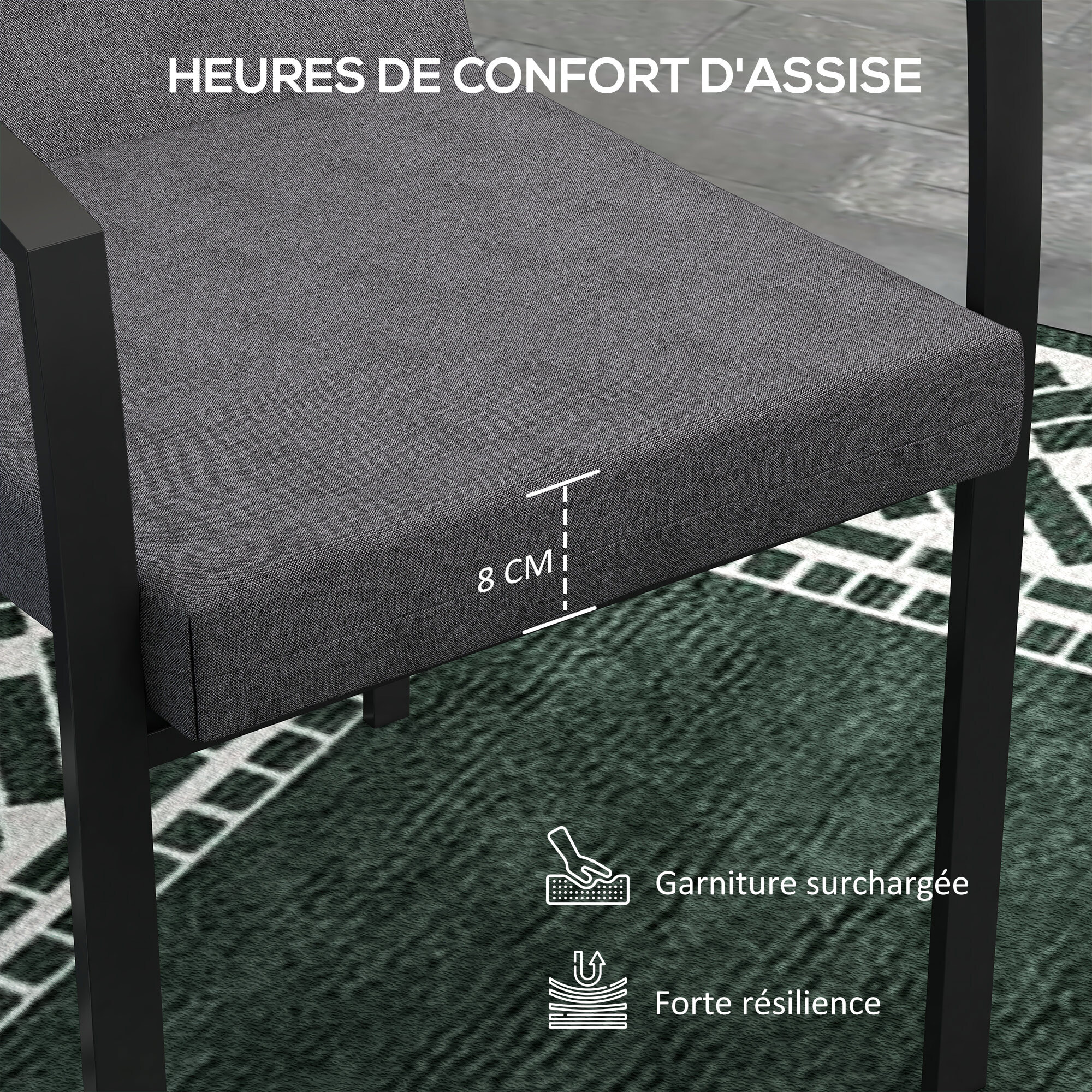Lot de 2 coussins galettes de chaise de jardin - dim. 112L x 51l x ép. 8 cm - cordons attache - polyester déperlant anthracite