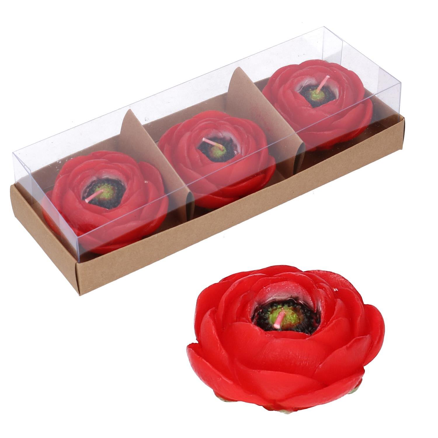 Candela in paraffina confezione da 3 pezzi a forma di camelia rossa cm21x7,8h4,2