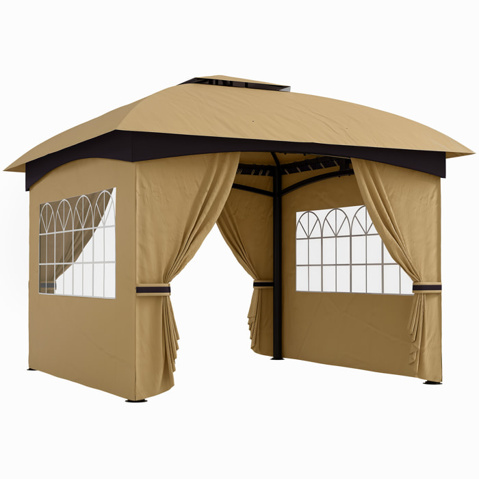 Cenador para Jardín 3,4x3,4 m Pérgola de Jardín Gazebo con Doble Techo Paredes Laterales Anti-UV y Ventanas Carpa para Exterior Terraza Patio Beige