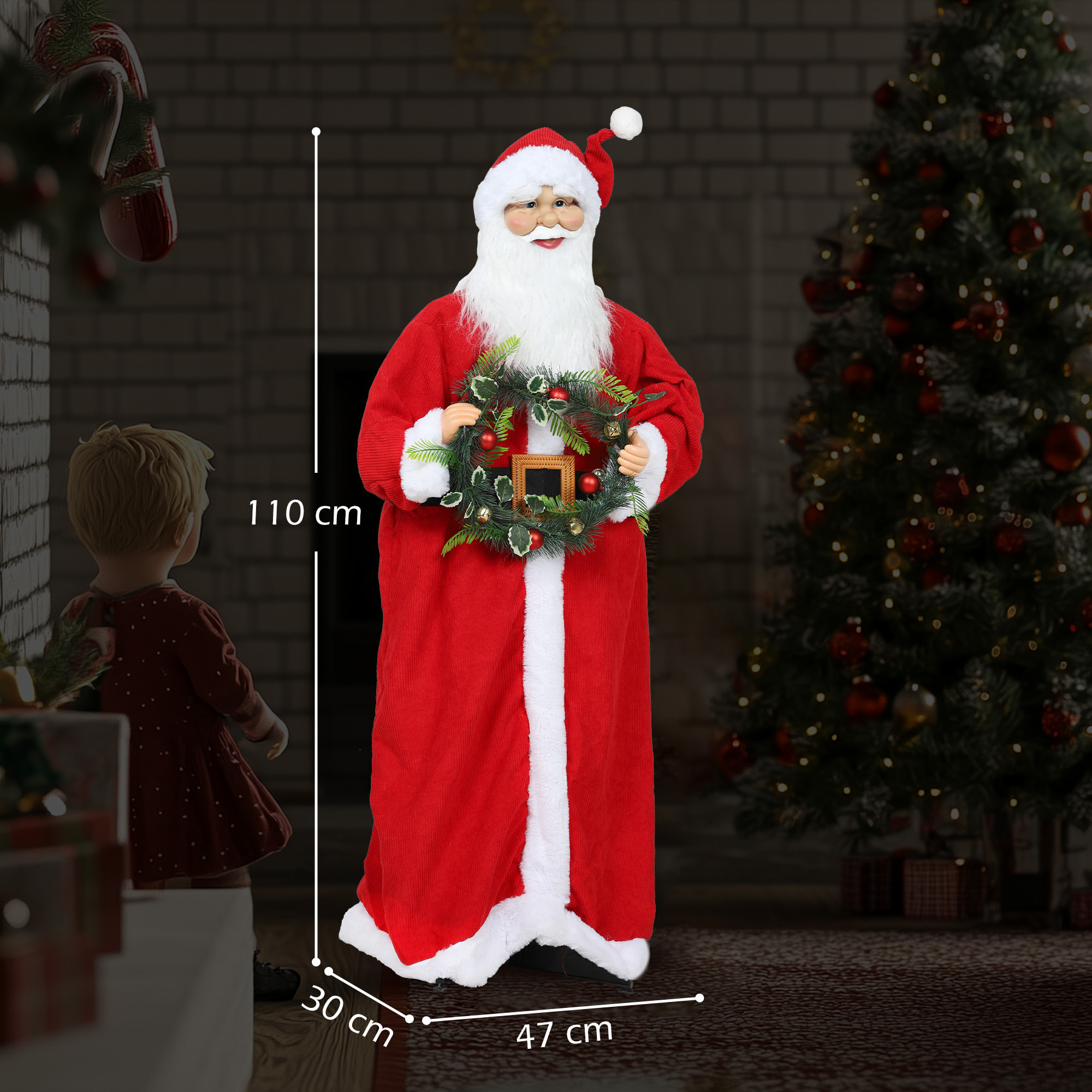 Figurine de Père Noël, debout de Père Noël rouge traditionnelle 110 cm, commande vocale, musique festive, bras pliables, pour les décorations d'intérieur et de fête