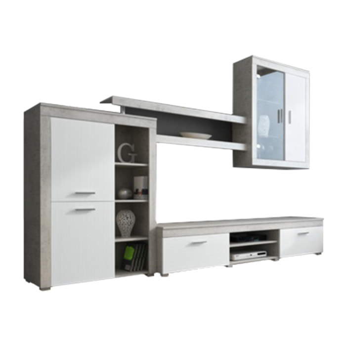 Parete Attrezzata Da Soggiorno Salotto Moderna Con Ante Mensole Vani A Giorno Vetrinetta Mobile TV Design Moderno 293x193x50 Cm Bianco Grigio Cemento