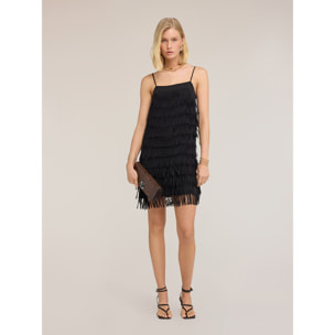 Motivi - Vestido corto en georgette con flecos - Negro