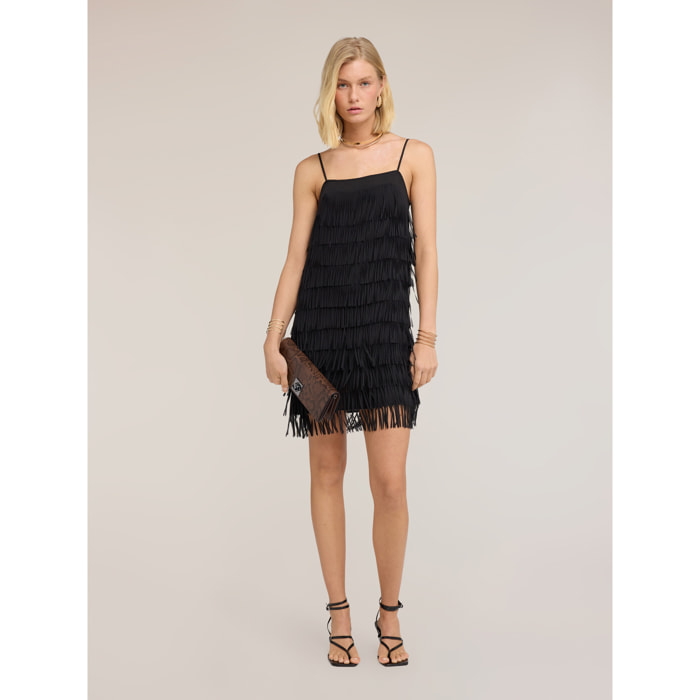 Motivi - Vestido corto en georgette con flecos - Negro