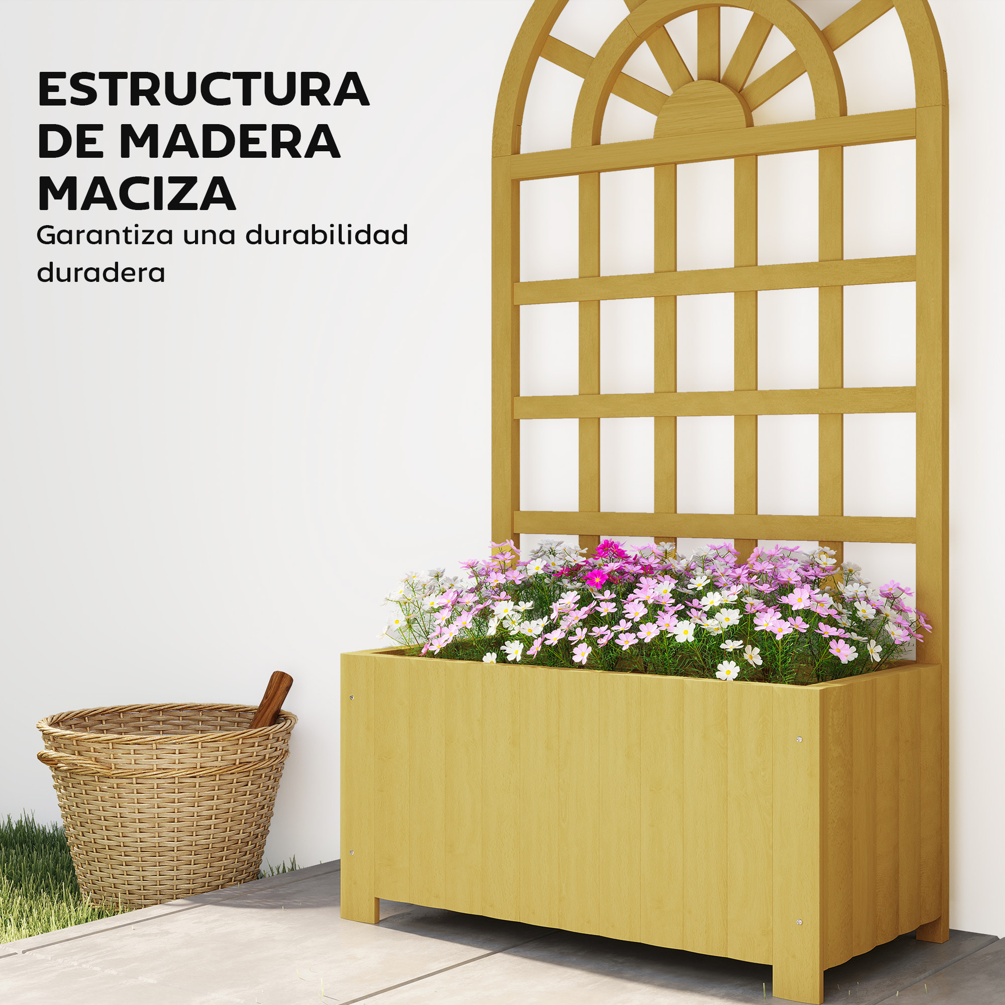 Jardinera con Enrejado de Madera, Jardinera Exterior Grande para Plantas Trepadoras, con Ofricios de Drenaje, Macetero Elevado para Jardín, Patio, Terraza, 60x30x120 cm, Natural