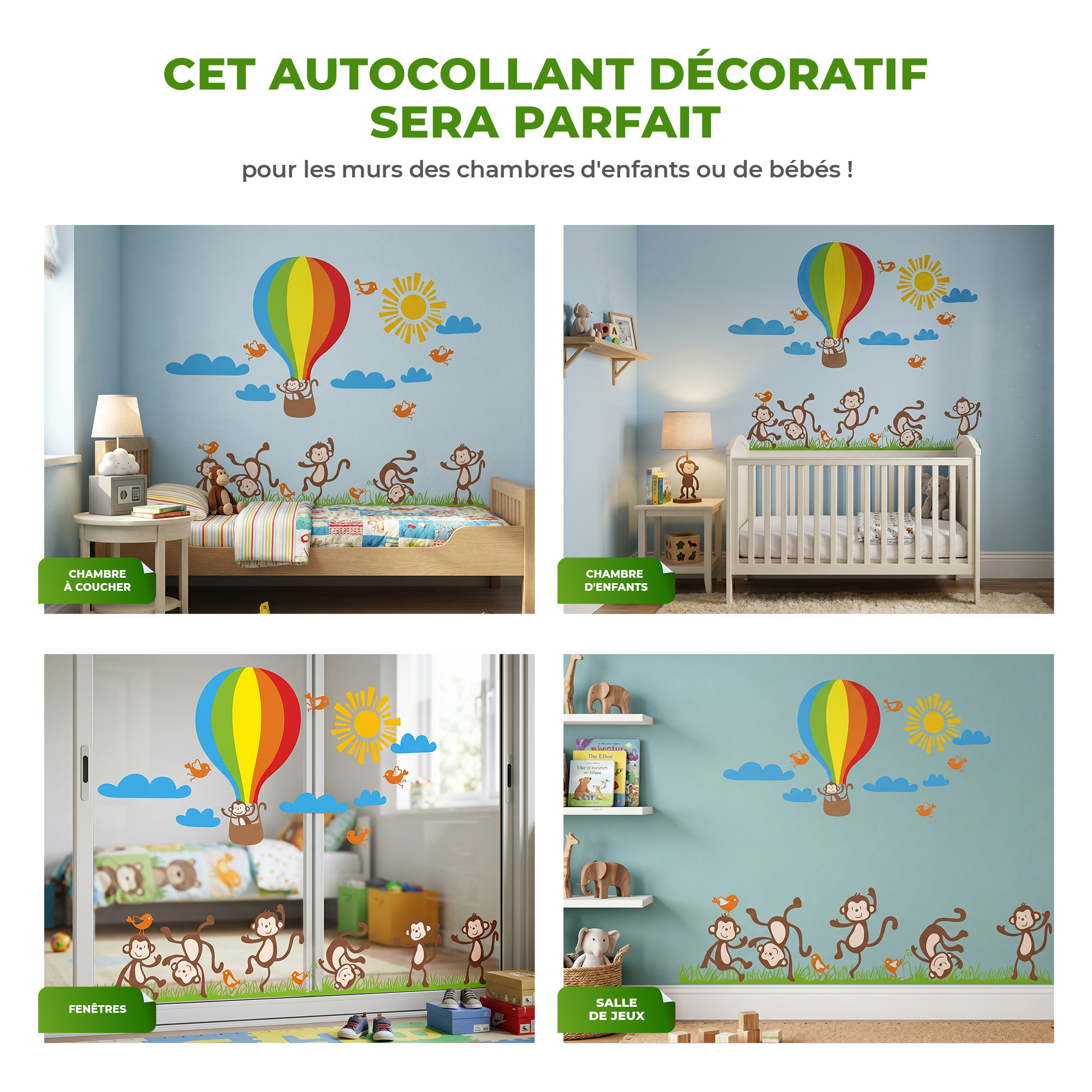 Stickers Muraux décoration adhésifs Singes, oiseaux et Montgolfière