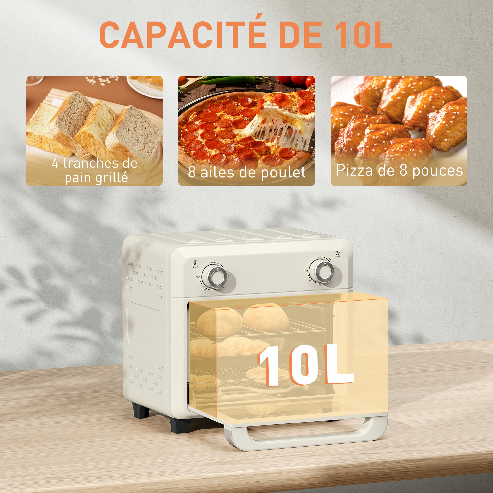 Friteuse à air mini four 1 000W 10L 80°C-230°C timer 5 accessoires inclus crème