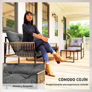 Conjunto Jardín Exterior de Ratán, Muebles Jardín Exterior para 4 Piezas, Muebles Terraza con 1 Sofá de 2 Plazas, 2 Sillones, Cojines y 1 Mesa de Tablero de Vidrio, para Patio, Gris y Marrón