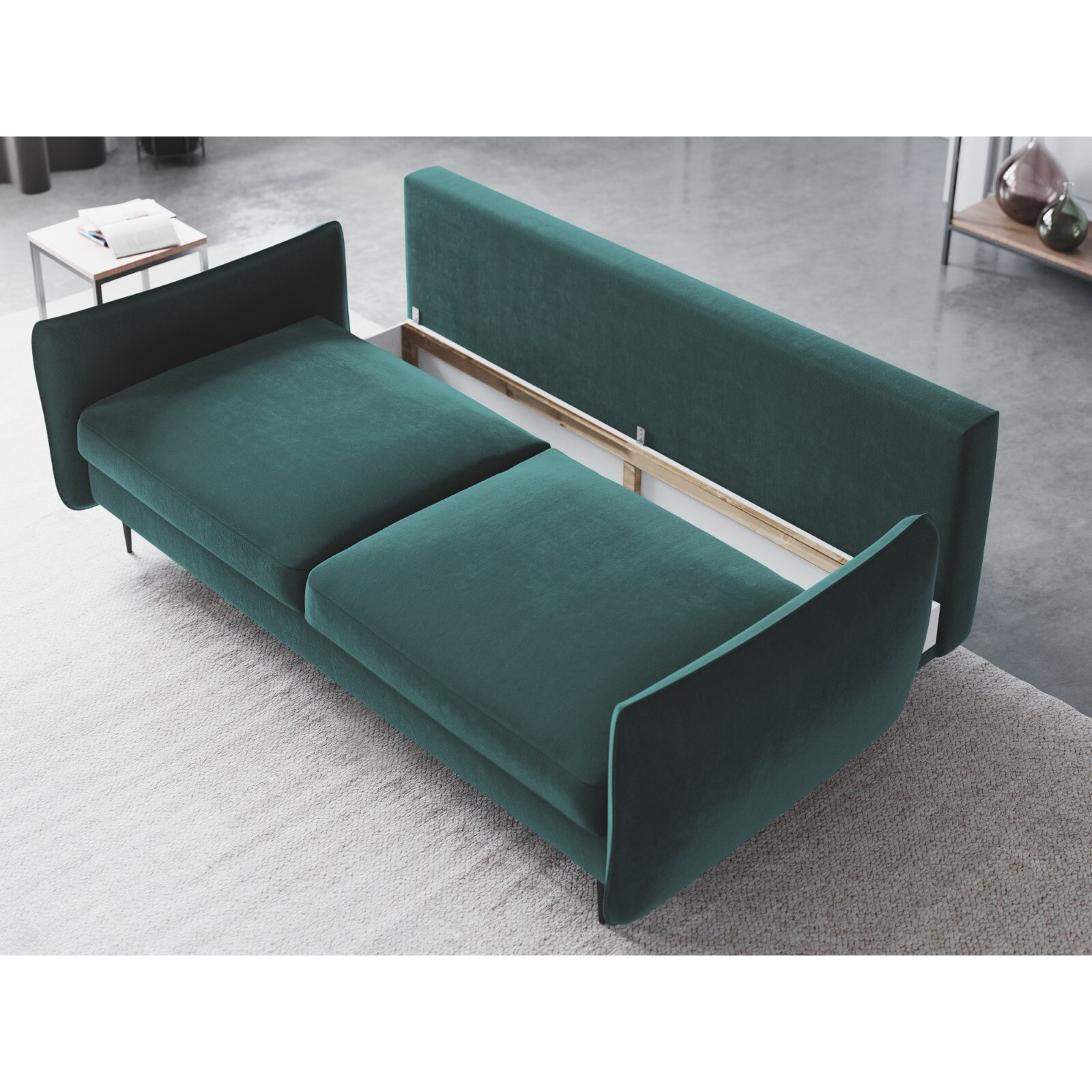 Canapé convertible avec coffre de rangement "Vermont" 3 places en velours pétrole