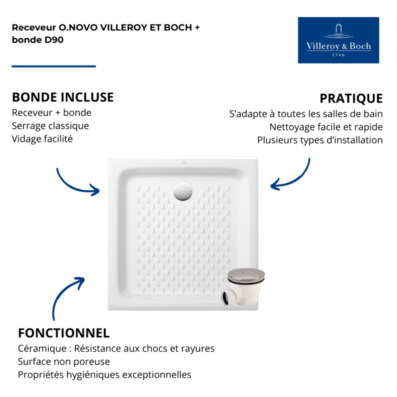 Pack receveur 100 x 100 O Novo ceramique carré blanc avec bonde D90