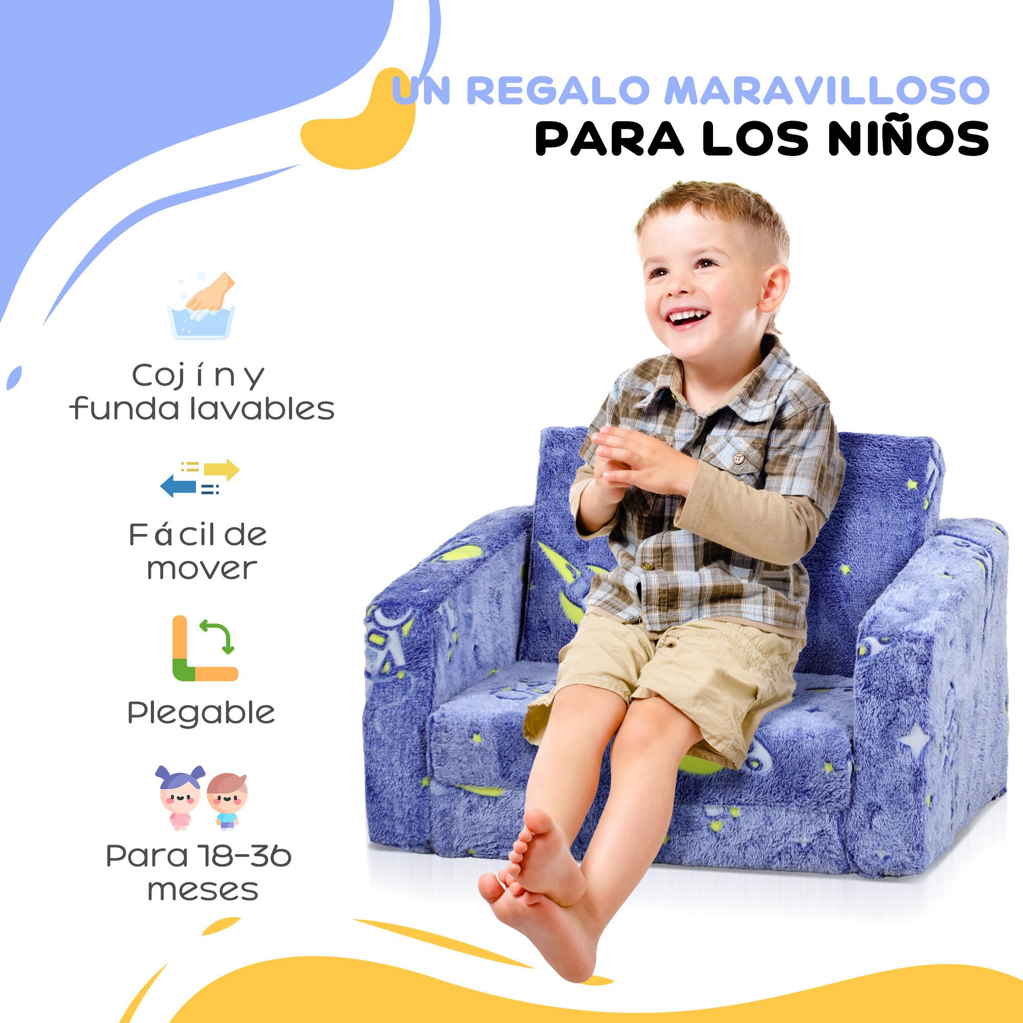 Sillón Infantil Plegable Sofá Infantil Reclinable 2 en 1 Sofá para Bebés Tapizado de Tela Luminosa Cojín y Funda Lavables para Dormitorio Salón Azul