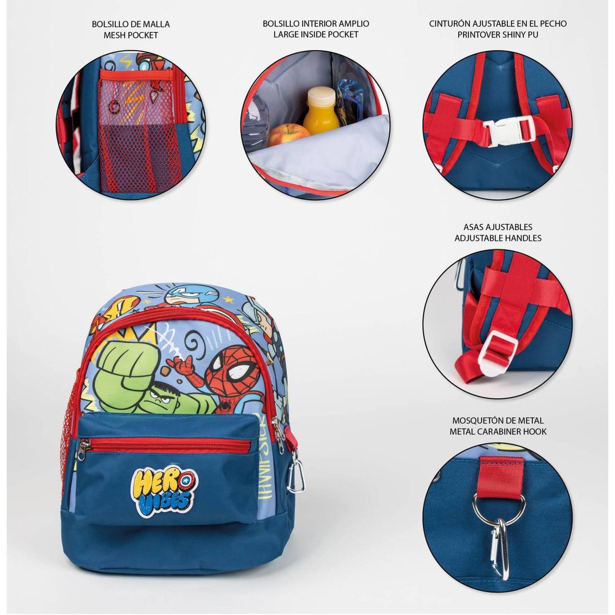 Mochila estilo trekking de avengers - multicolor - 23x27x15cm - fabricada con poliéster - mochila infantil con varios bolsillos - cinturón y asas aju