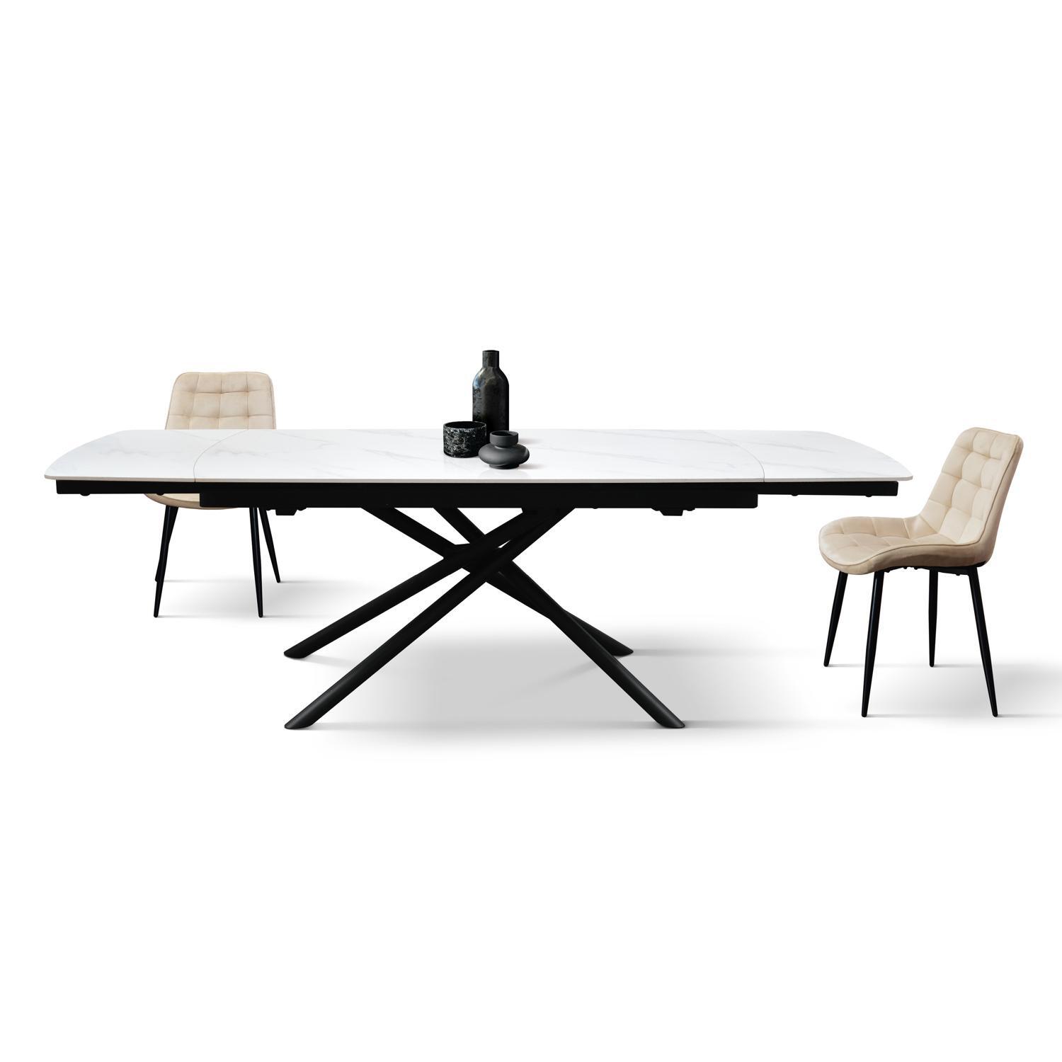 Tavolo BONIFACIO in ceramica bianco statuario e base in metallo verniciato nero, allungabile 140x90 cm - 200x90 cm