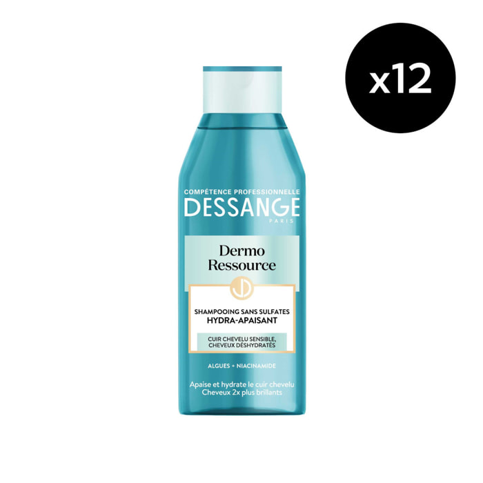 Lot de 12 - Dessange Dermo Ressource Shampooing Sans Sulfates Hydra-Apaisant Cuir Chevelu Sensible, Cheveux Déshydratés 250ml