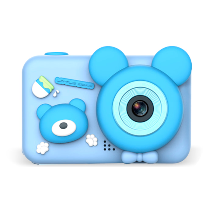 Fotocamera digitale, design Orsetto, con foto da 26mpx e video FHD per bambini. Schermo da 2 pollici. Include treppiede con funzione di presa.