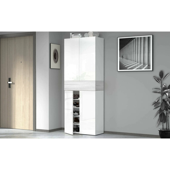 Scarpiera Asklol, Porta scarpe salvaspazio a 5 ante, Armadio multifunzione da ingresso, 76x38h200 cm, Bianco lucido e Bianco larice