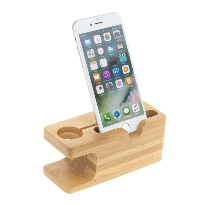 Supporto in legno per smartphone e iWatch, con passacavi.