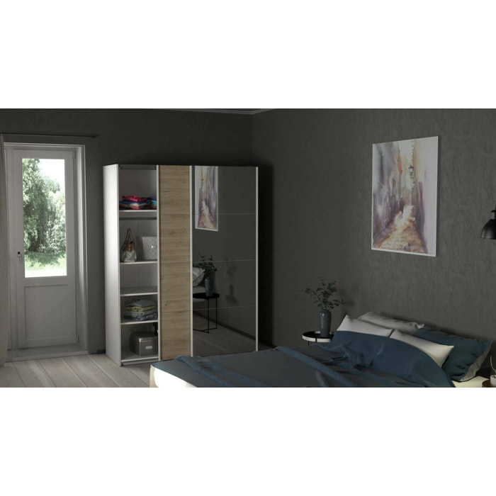Guardaroba 2 ante Seraphine, Mobile camera da letto, Cabina armadio portabiti, Armadio appendiabiti, 150x61 h200 cm, Bianco e Rovere