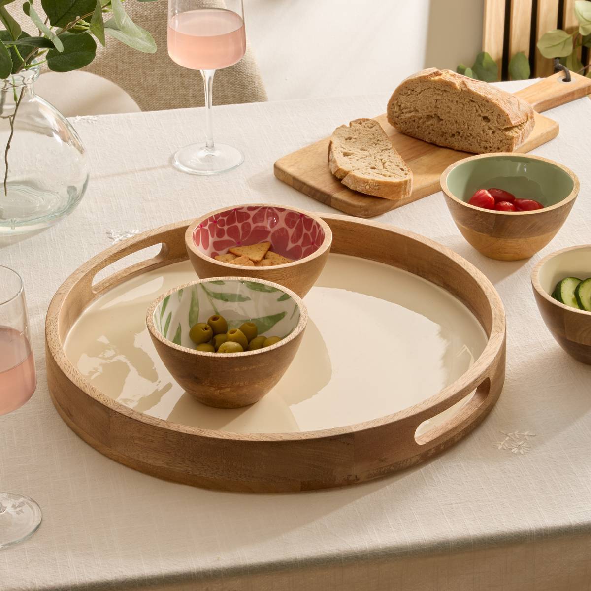 Plateau rond Inaya D38cm blanc chaud et manguier