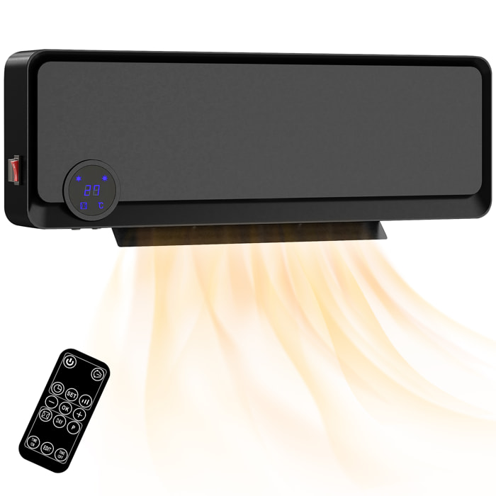 Calefactor Eléctrico Bajo Consumo, 1000W/2000W, Calefactor de Baño de Pared con Función de Oscilación, Pantalla LED, IPX2, Protección Sobrecalentamiento, Temporizador, Mando a Distancia, Negro