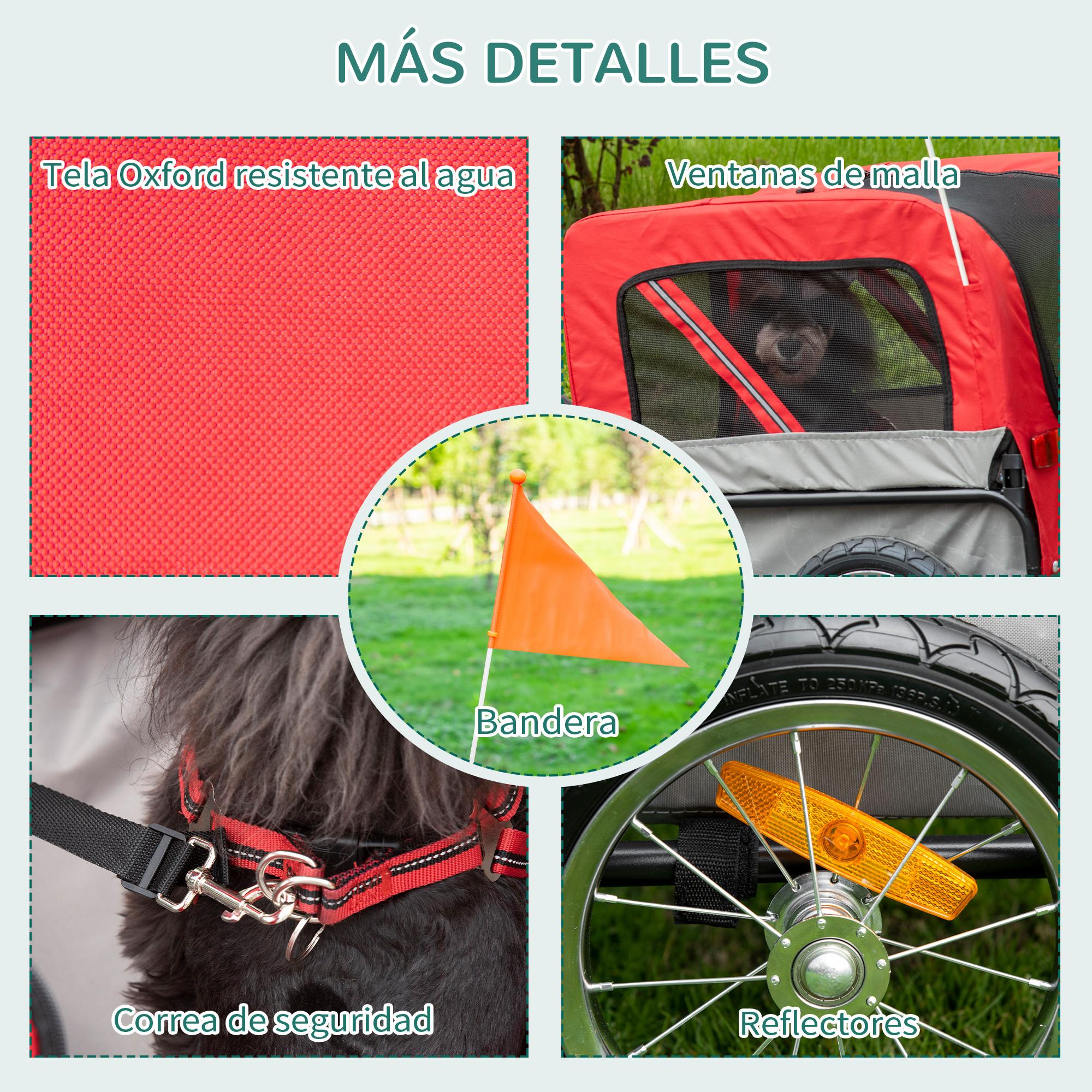 Remolque de Bicicleta para Perros 2 en 1 Carrito para Perros de Acero con Cinturón de Seguridad Mango de Empuje Extraíble Bandera y Reflectores 129x55,5x92 cm Rojo