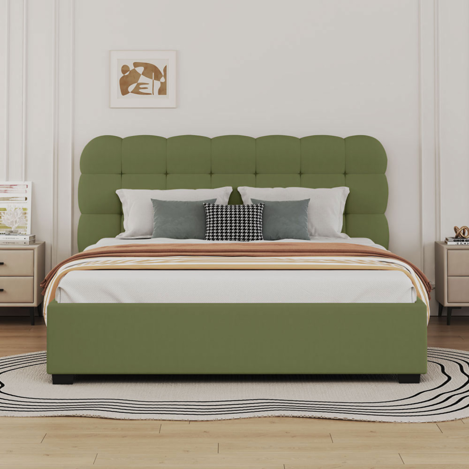 JUNEAU Lit nuage avec coffre de rangement 140x190cm en velours vert