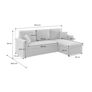 Canapé d'angle SMILE convertible réversible compact 3 places en tissu gris foncé. L 213.5 x P 136.5 x H 83cm. avec coffre de rangement