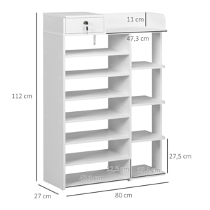 Estante Zapatero de Madera Estantería para Zapatos con 11 Estantes Abiertos para 18 Pares de Zapatos y Armario con Cerradura para Pasillo Entrada 80x27x112 cm Blanco