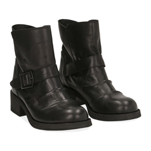 Biker boots neri con fibbia in pelle, tacco 4 cm